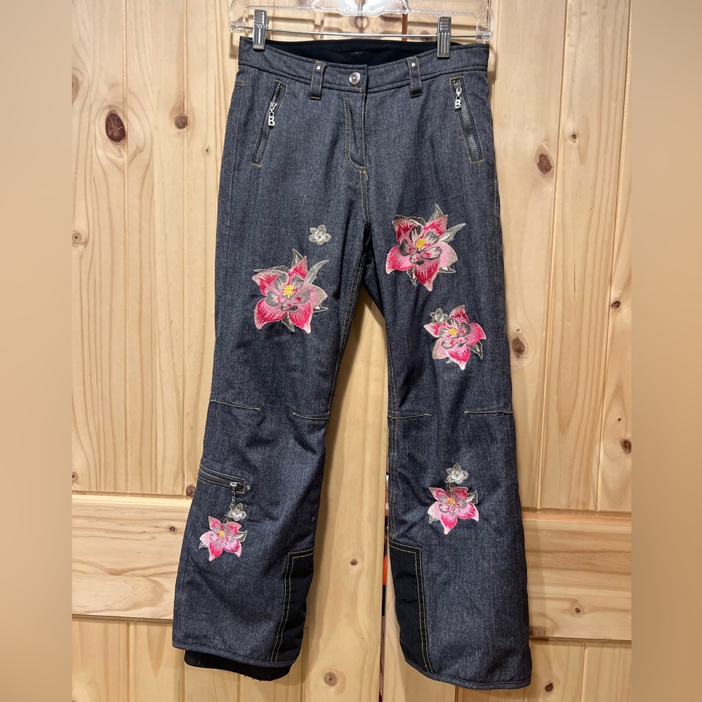 Bogner Dark Blue Ski/Snow Pants with Pink Floral Embroidery. Kids Size